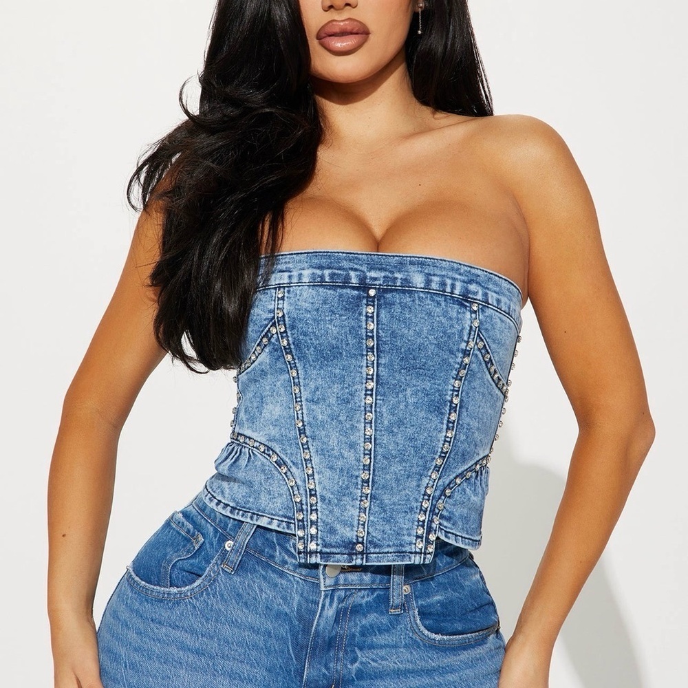 Denim Strapless Studded Corset Top - Blue